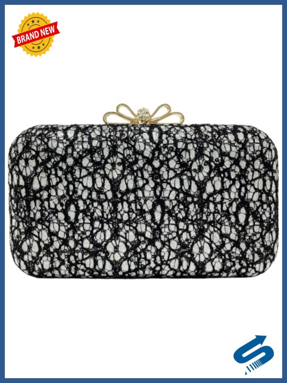 Lace Sequin Evening Clutch with Crystal Bow Clasp